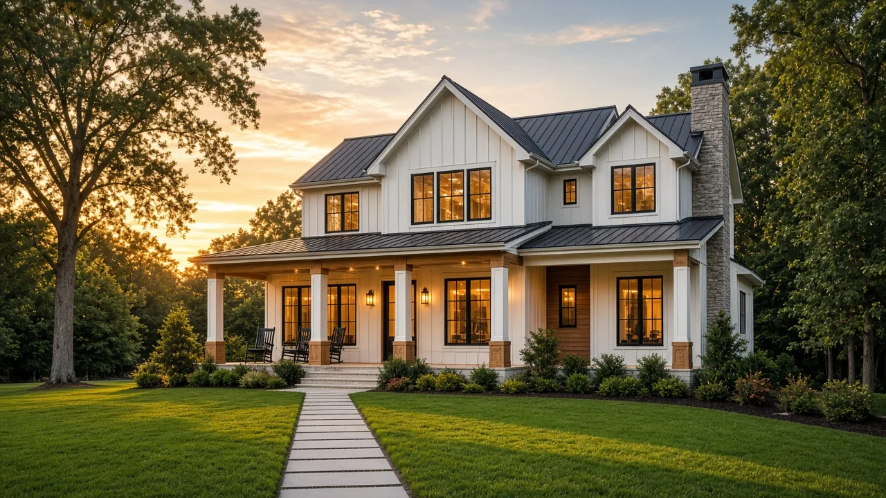 A modern farmhouse-style home at golden hour, representing featured properties from Home Luxx Realty Group