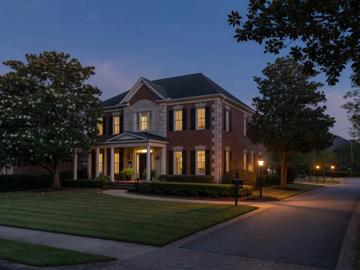 A private brick-and-stone home on a quiet cul-de-sac at dusk in Dacula, Georgia