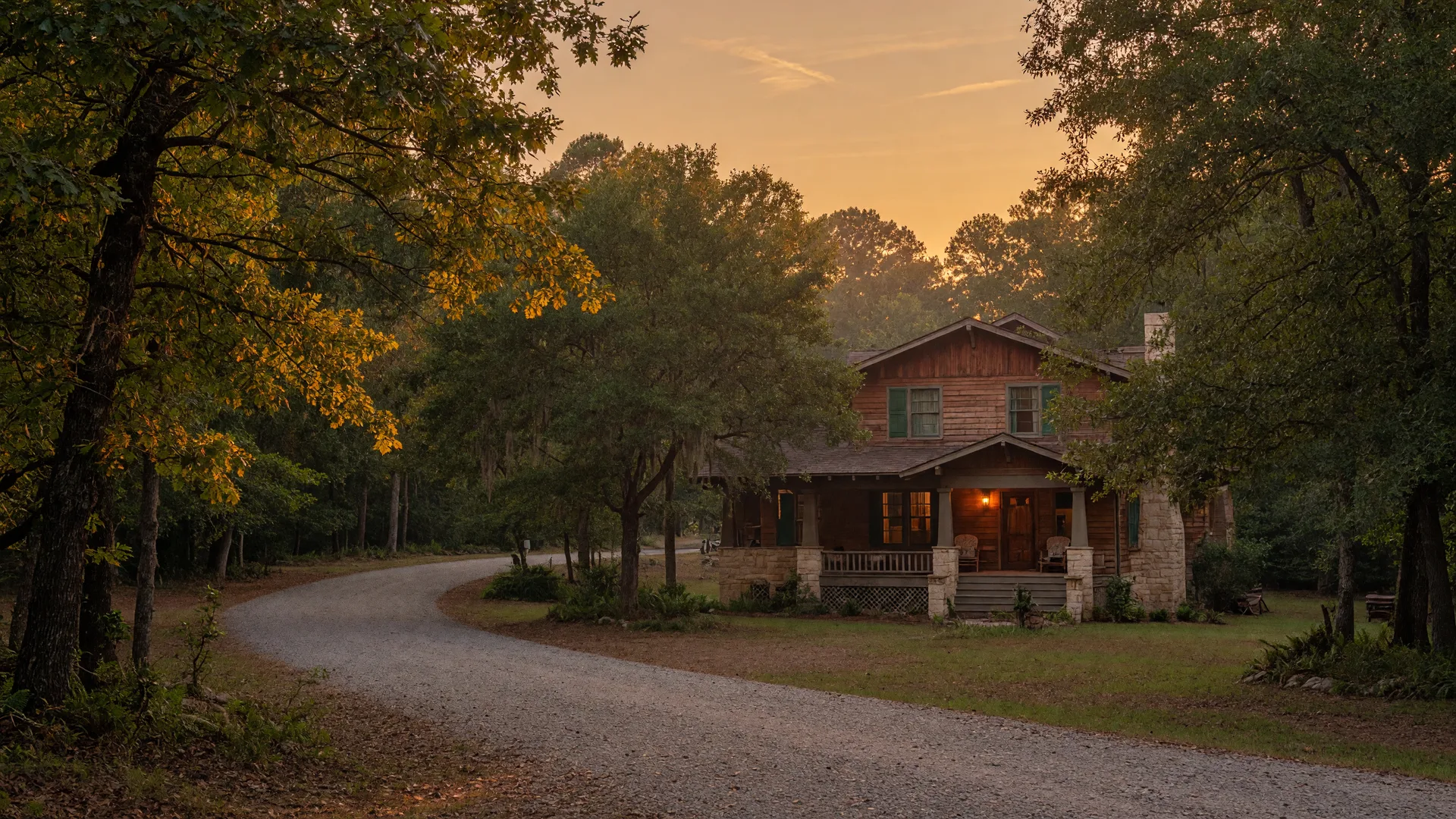 A craftsman home tucked behind mature oak trees at golden hour, a hidden gem not yet listed