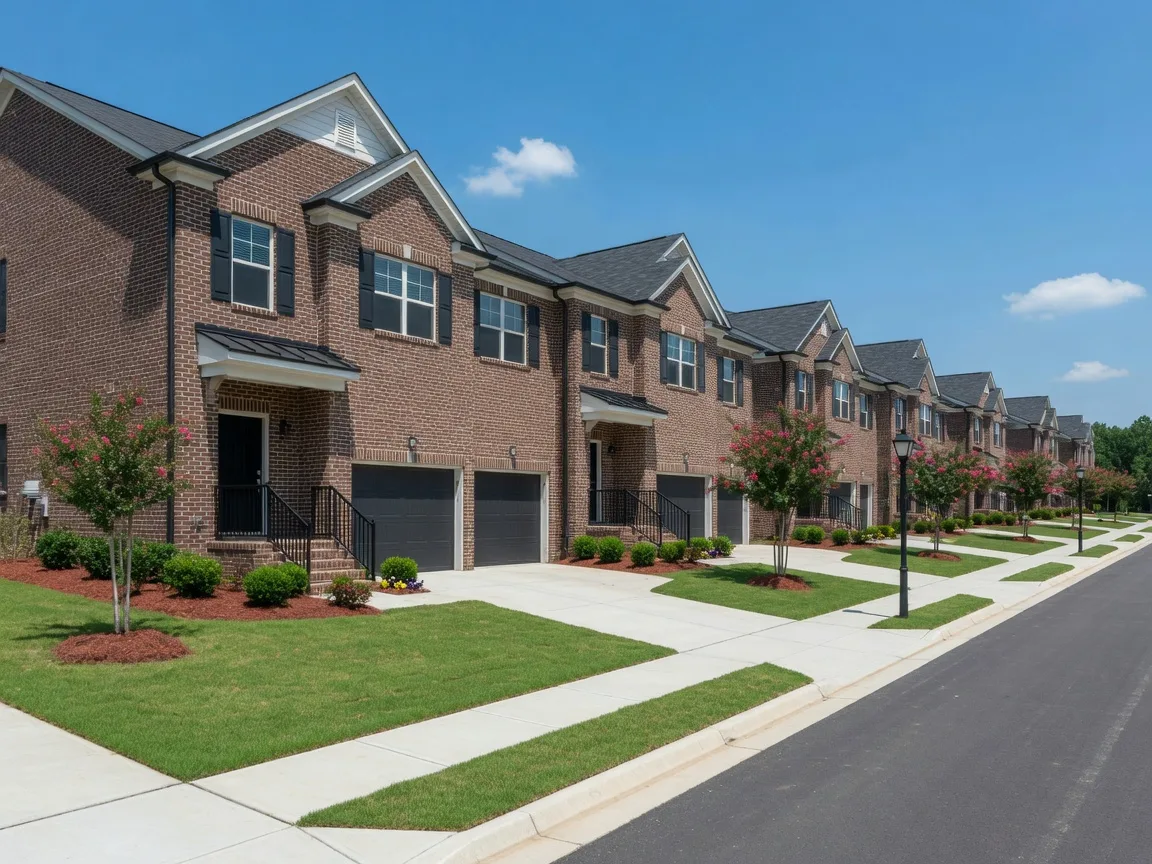 A row of modern brick townhomes in suburban Georgia