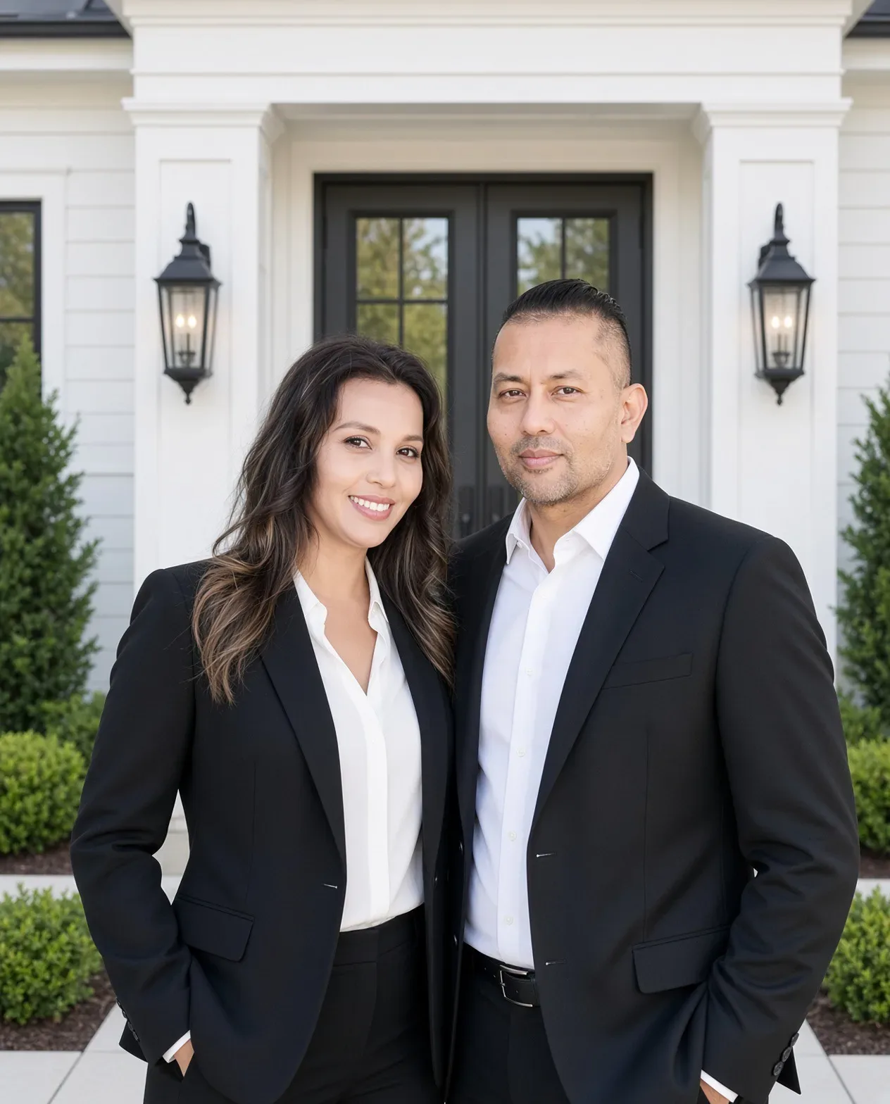 Ryan and Sarah Ramdass, the Home Luxx Realty Group team, standing in front of a home entrance