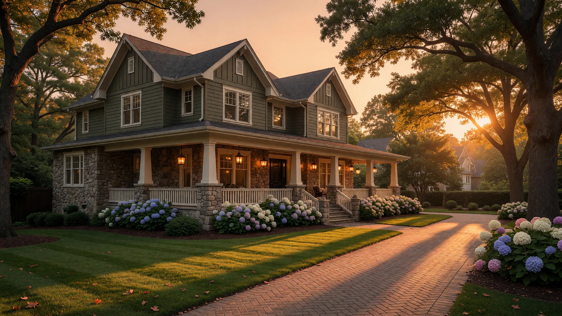 A luxury craftsman home in the Atlanta suburbs at golden hour