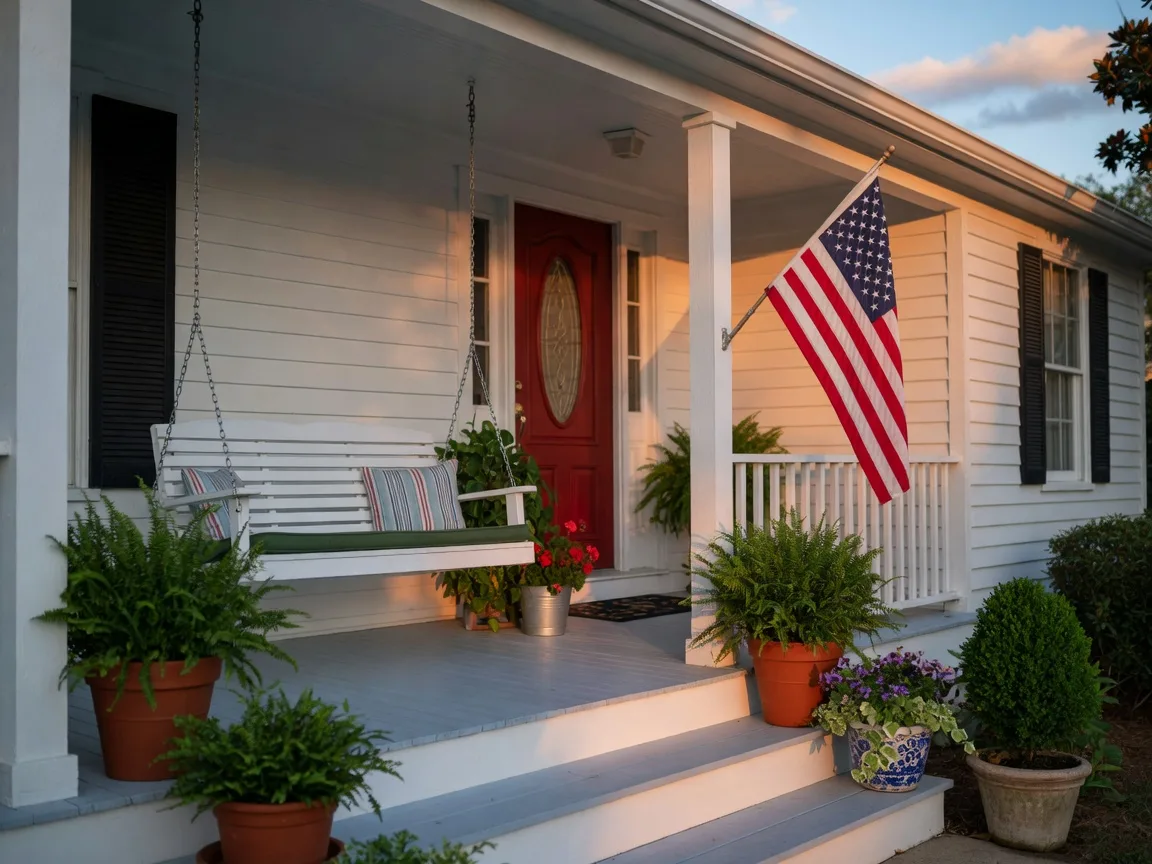 A welcoming Georgia home at golden hour with an American flag on the porch
