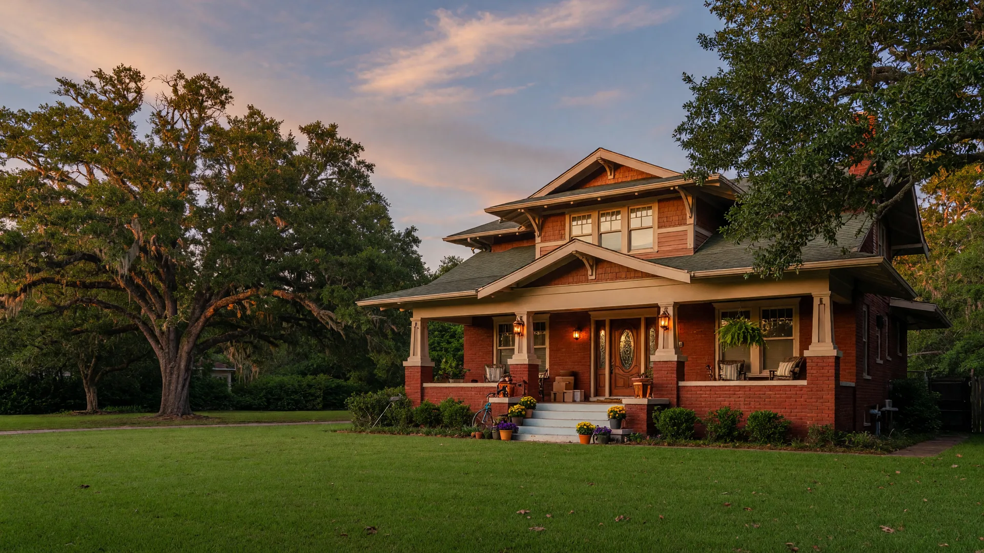 A craftsman-style suburban home in Georgia at golden hour, ready for a cash sale
